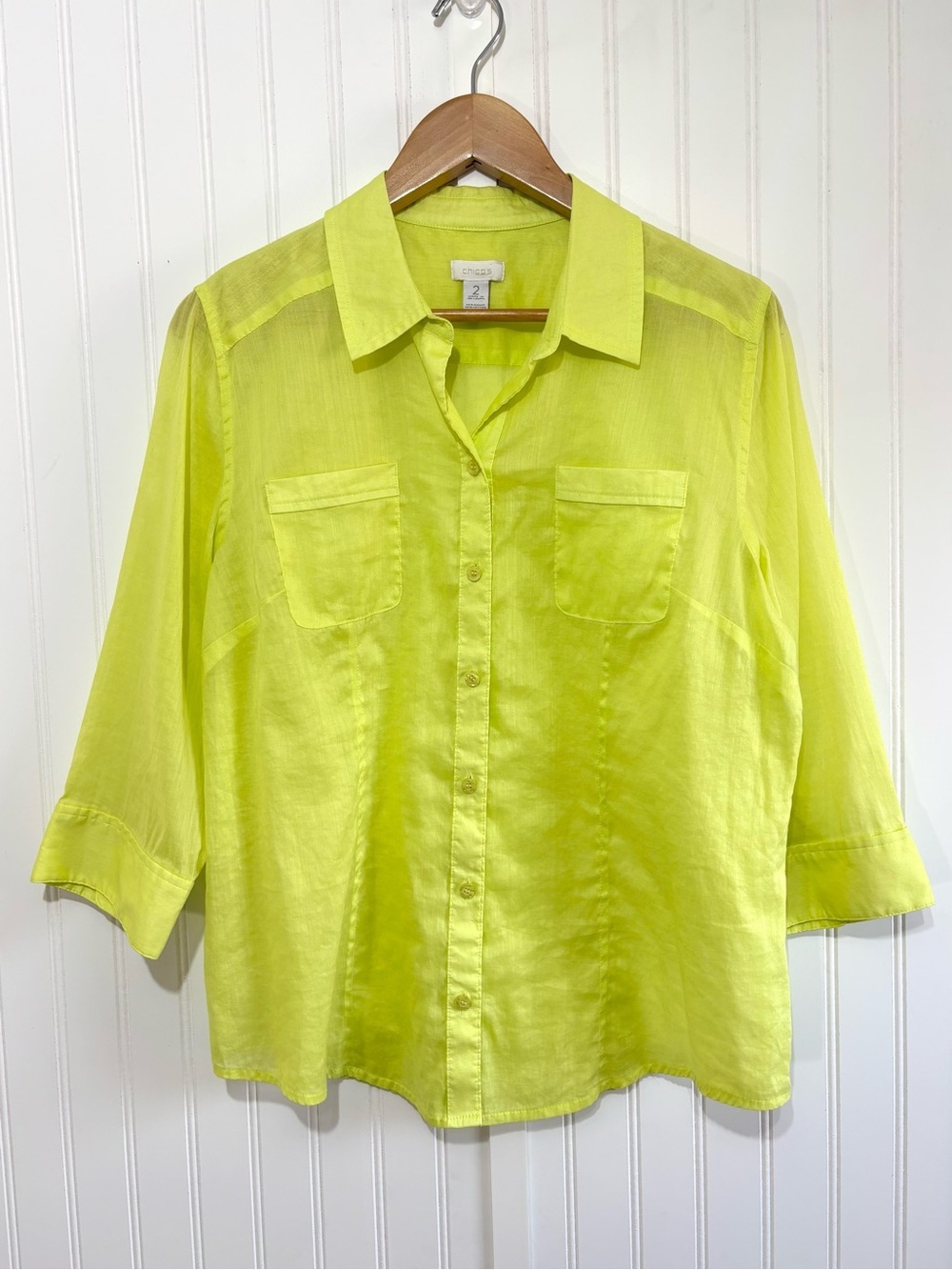 Chico’s Lime Green Ramie Cotton Button Front Shirt Size 2 Large 3/4 Sleeve